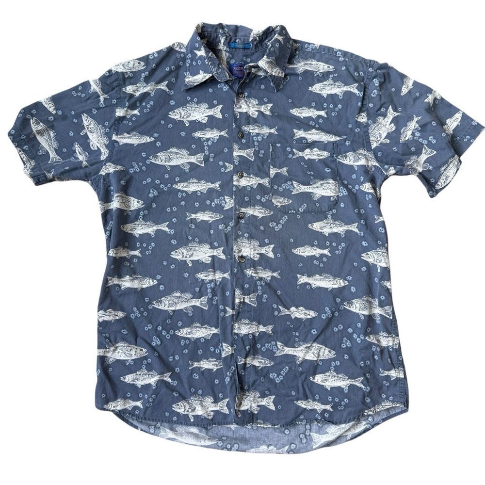 Pendleton Camp Shirt Men's L Blue Fish Button Front 100% Cotton